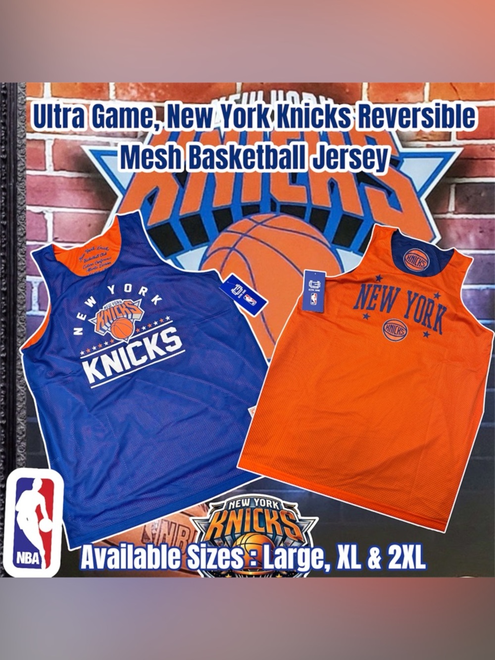 Ultra Game, New York Knicks Reversible Mesh Basketball Jersey, Sizes Lg, XL & 2X